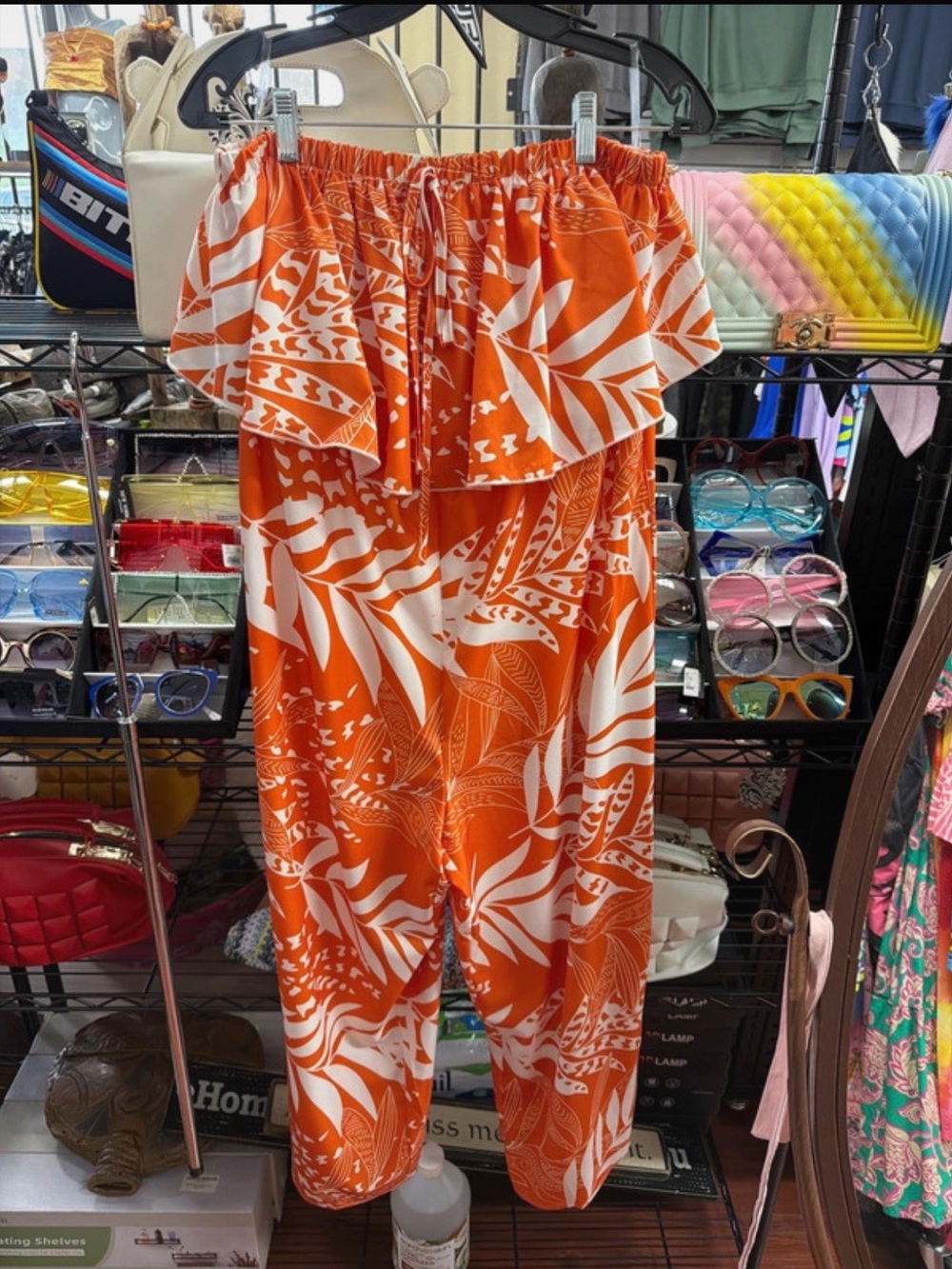 Off-Shoulder Orange & White Tropical Print Jumpsuit